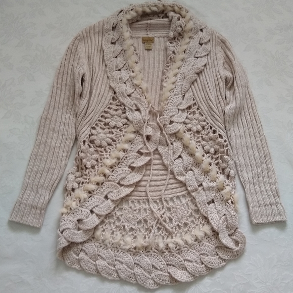 Faux fur wool cocoon shawl collar curved hem pointelle crochet floral cardigan - Picture 2 of 10